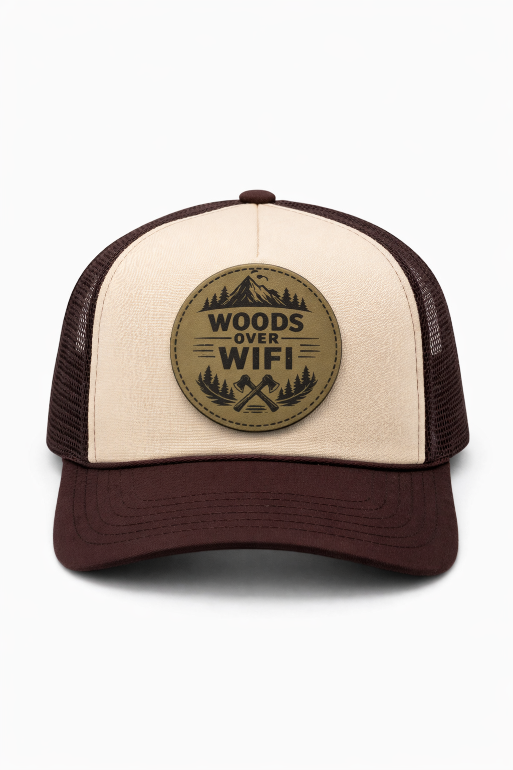 Trucker hat with 'Woods Over WiFi' logo on a white background