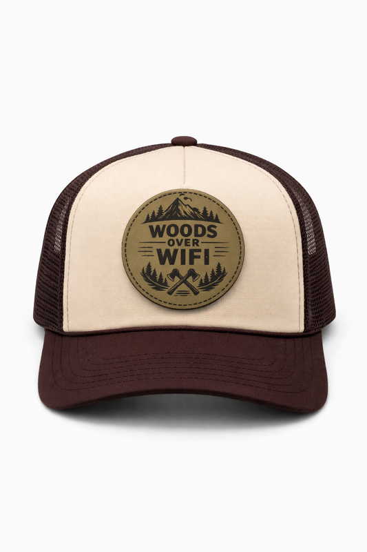 Trucker hat with 'Woods Over WiFi' logo on a white background