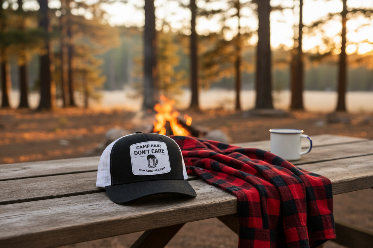 Trucker hat with text, plaid blanket, and mug on a wooden table with a forest background