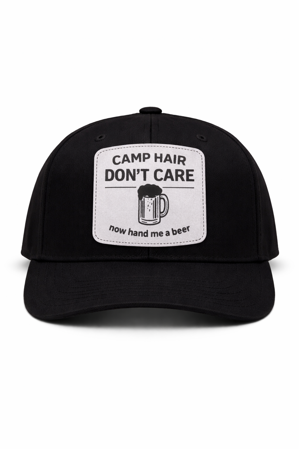 Black cap with a white patch featuring text and a beer mug graphic on a white background