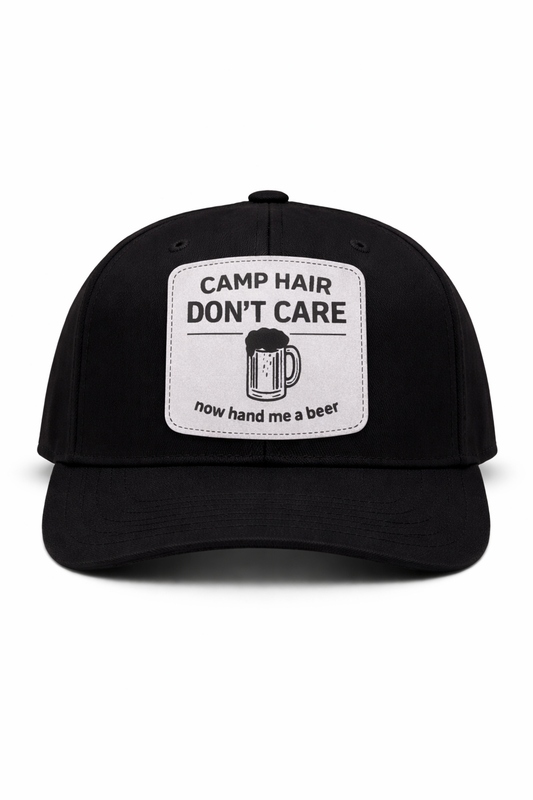 Black cap with a white patch featuring text and a beer mug graphic on a white background