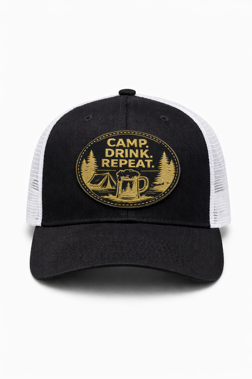 Black and white cap with yellow 'Camp Drink Repeat' logo on a white background
