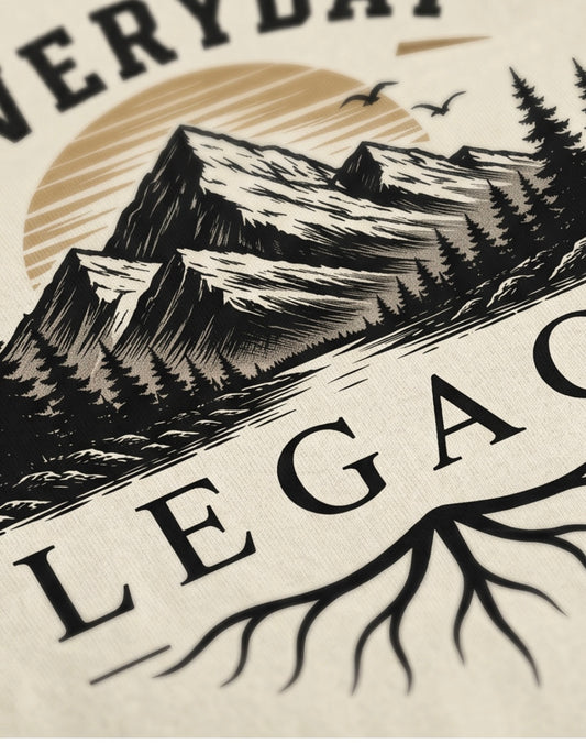 Mountain landscape with 'Everyday Legacy' text on a beige background