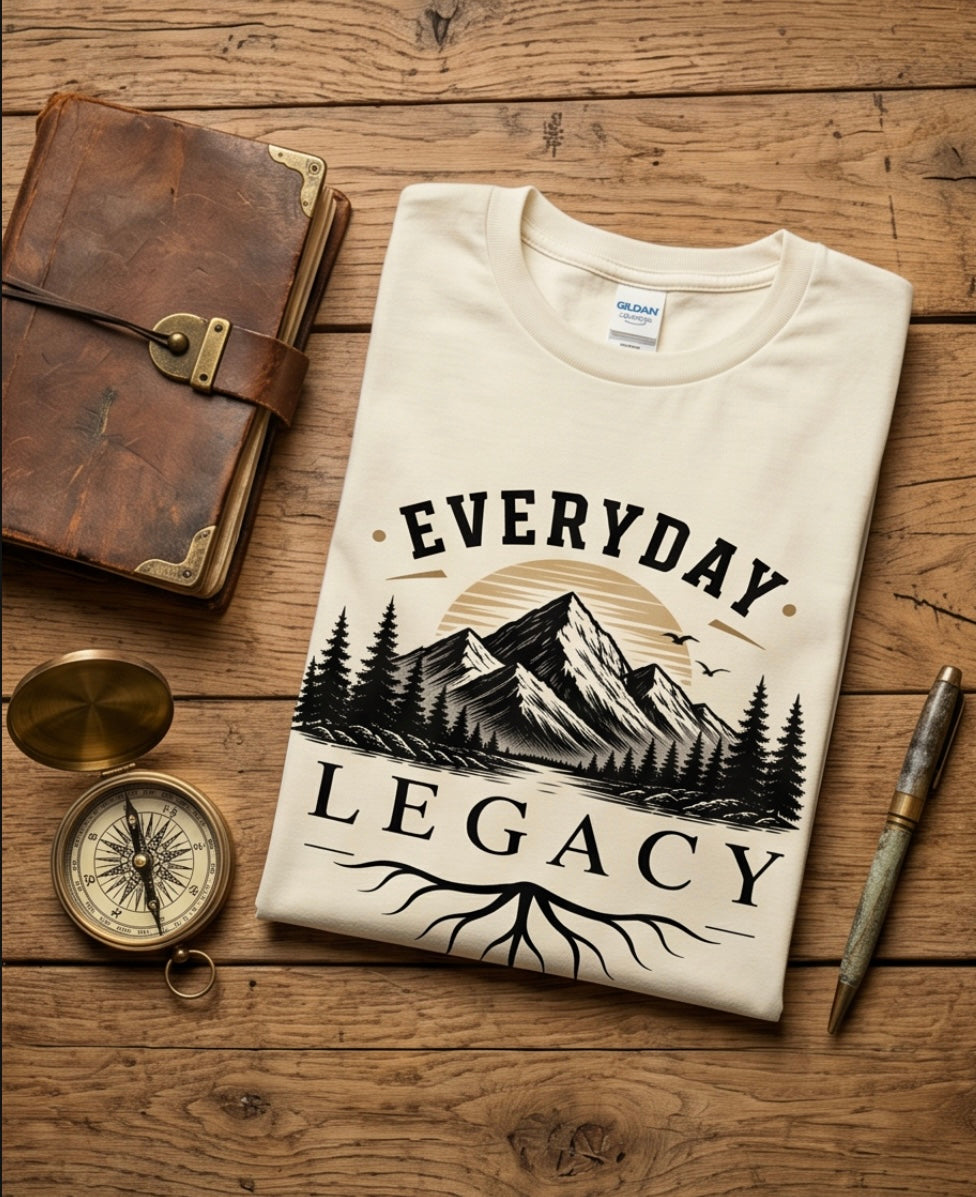 Folded t-shirt with 'Everyday Legacy' design on a wooden surface with a journal, compass, and pen.