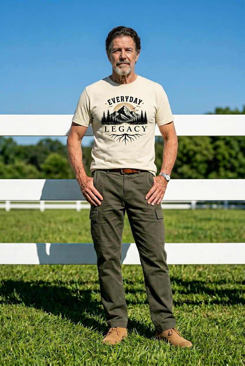 Man wearing a 'Everyday Legacy' t-shirt standing in a grassy field with a white fence and blue sky.