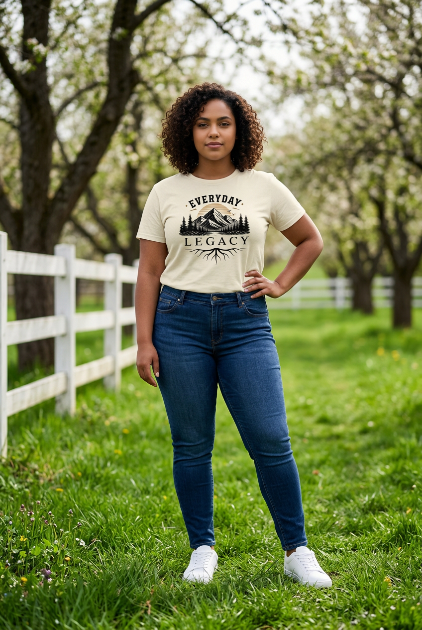 Person wearing a 'Everyday Legacy' t-shirt in a park-like setting with trees and a white fence.