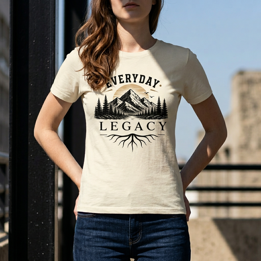 Person wearing a t-shirt with 'Everyday Legacy' design outdoors.