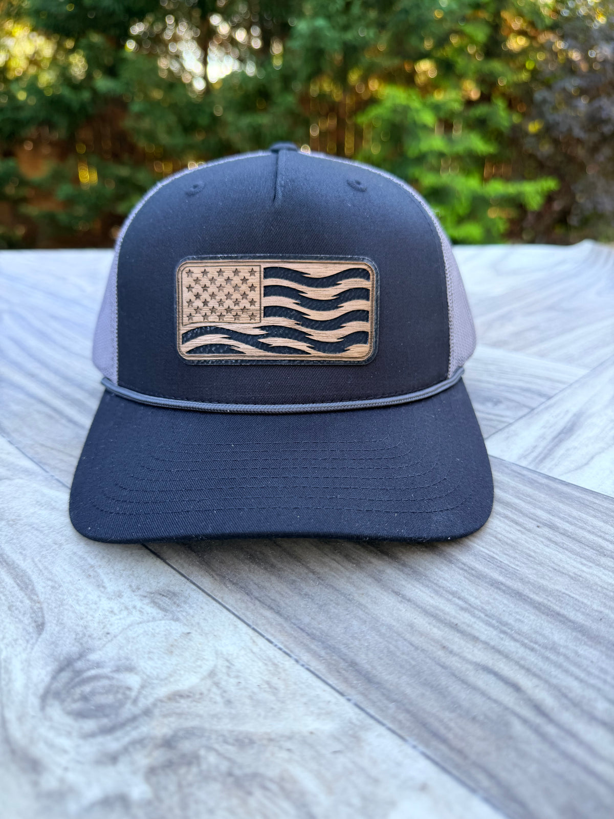 American Flag Hat - Layered Wood & Leatherette Patch