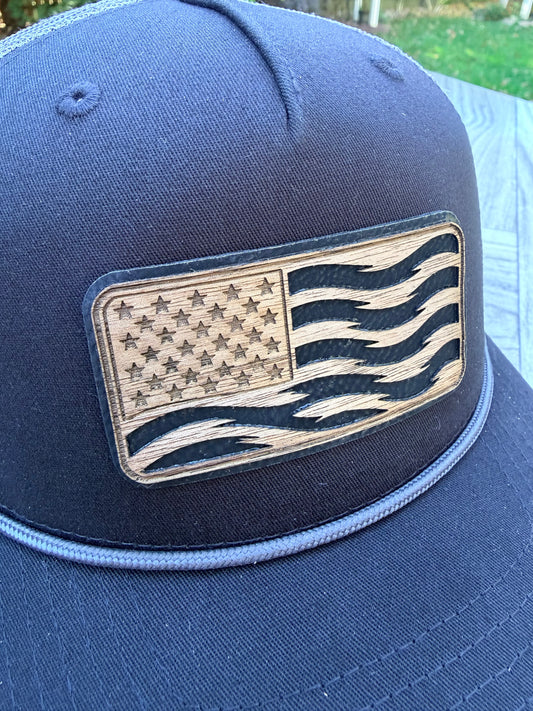 American Flag Hat - Layered Wood & Leatherette Patch