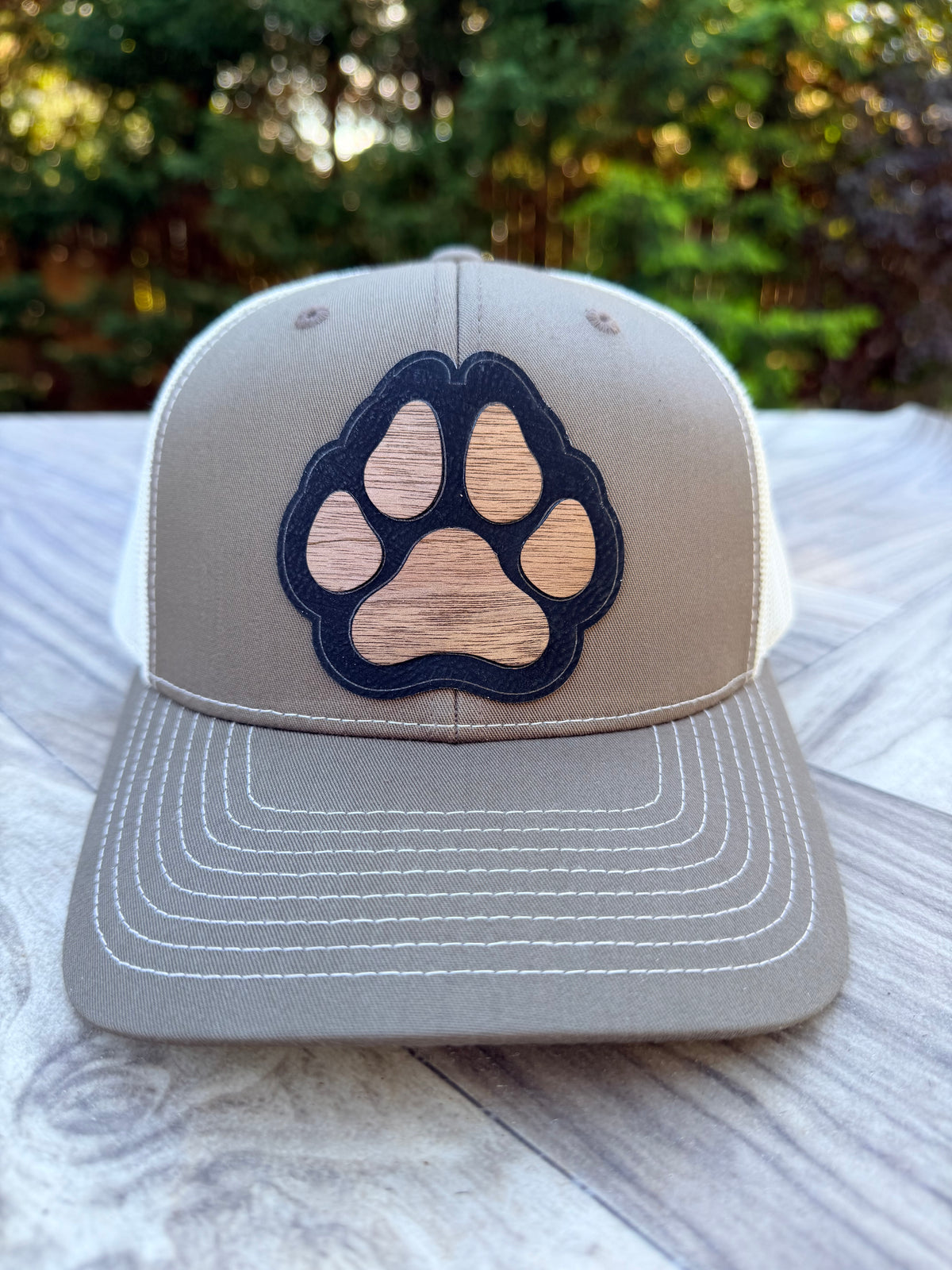 Paw Print Hat - Layered Wood & Leatherette Patch