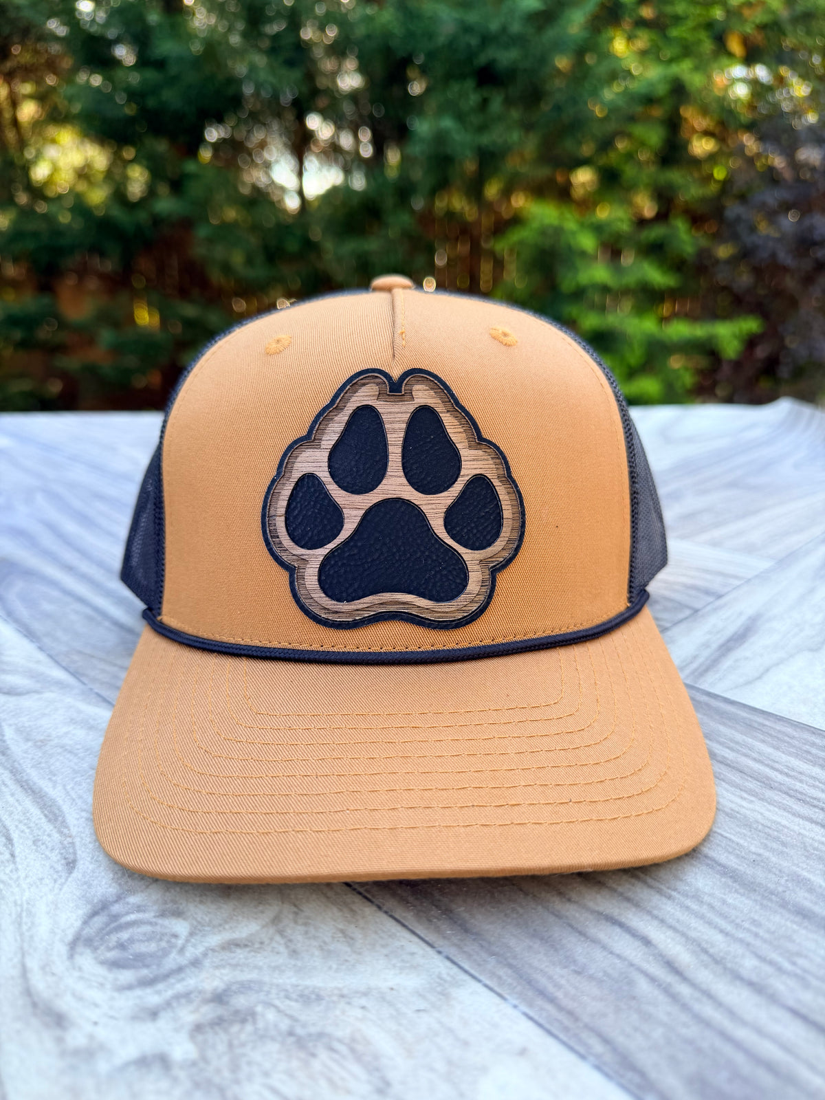 Paw Print Hat - Layered Wood & Leatherette Patch