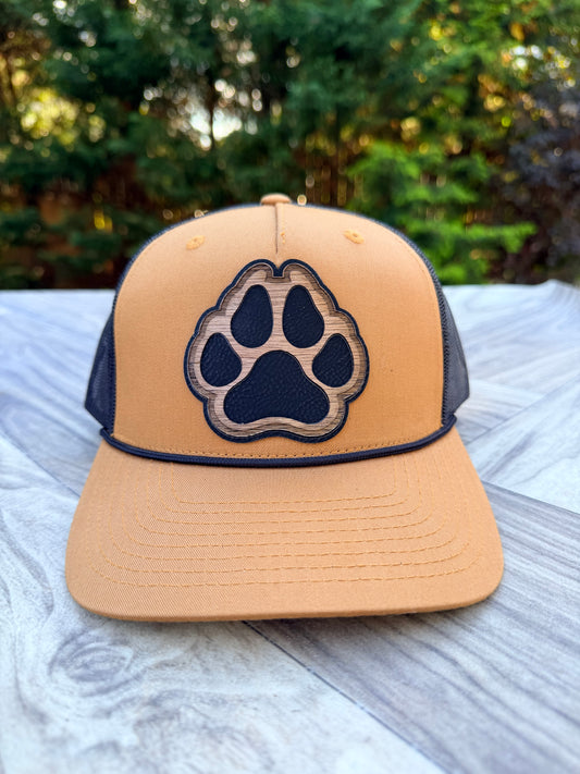 Paw Print Hat - Layered Wood & Leatherette Patch