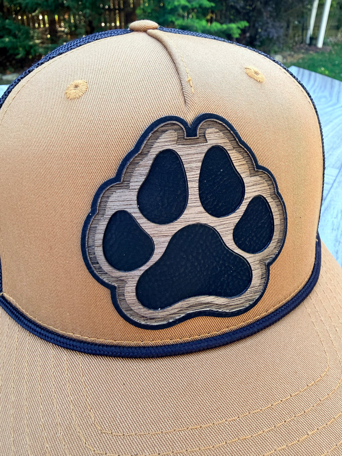 Paw Print Hat - Layered Wood & Leatherette Patch