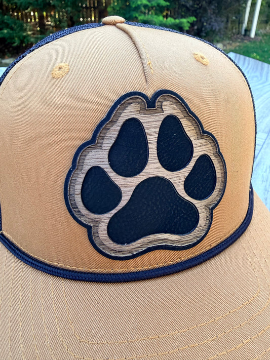 Paw Print Hat - Layered Wood & Leatherette Patch