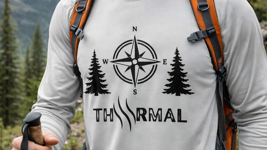 Man hiking with a backpack and 'THRMAL' t-shirt featuring a compass and trees design.