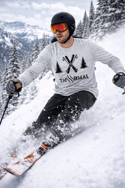 Person skiing in a snowy mountain landscape wearing a 'THRMAL' branded shirt.