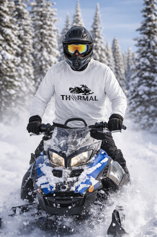 Person riding a snowmobile in a snowy landscape with 'THRMAL' branded clothing.