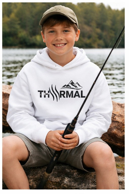 Child wearing a hoodie with 'Thermal' branding, holding a fishing rod by a lake.