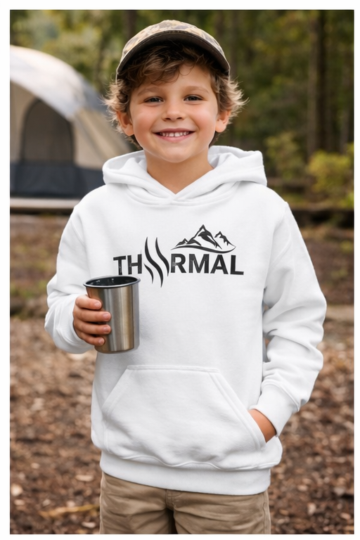 Child wearing a white hoodie with 'Thermal' logo, holding a metal cup outdoors.