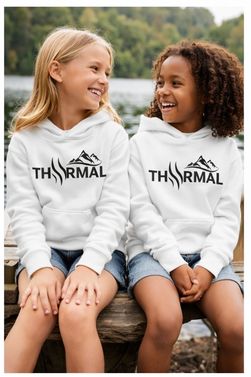 Two children wearing white hoodies with 'Thermal' logo sitting by a lake.