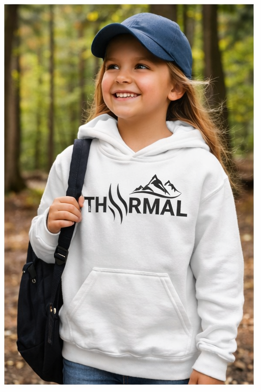 Child wearing a white hoodie with a logo in a forest