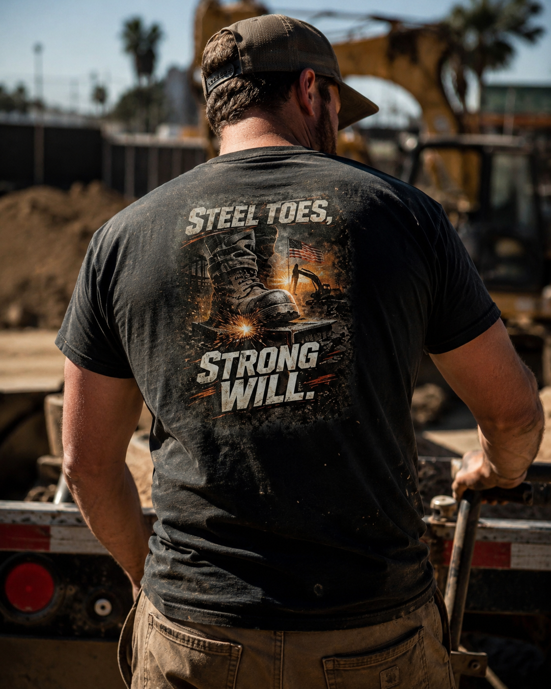 A man viewed from behind wearing a black graphic t-shirt with a construction-themed print that reads 'STEEL TOES, STRONG WILL.' in white text over a fiery welding graphic.